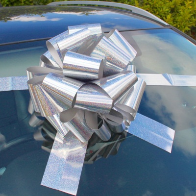 MEGA Giant Car Bow (42cm diameter) with 6m Ribbon - HOLOGRAPHIC SILVER