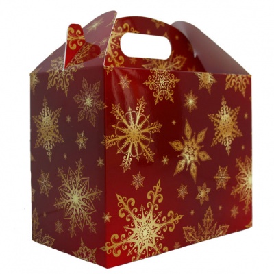 Pack of 10 GABLE BOXES 17x10x14cm - RED/GOLD SNOWFLAKES