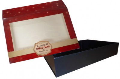 10 x Easy Fold Trays with Sleeves - (30x20x6cm) MEDIUM BLACK TRAYS/MERRY CHRISTMAS SLEEVES