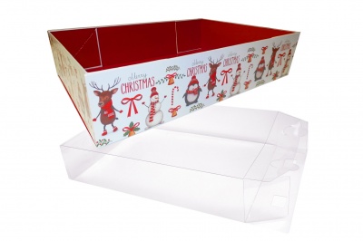 10 x Easy Fold Trays with Acetate Boxes - (30x20x6cm) MEDIUM CHRISTMAS CHARACTER TRAYS/CLEAR ACETATE BOXES