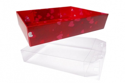 10 x Easy Fold Trays with Acetate Boxes - (30x20x6cm) MEDIUM HEART TRAYS/CLEAR ACETATE BOXES