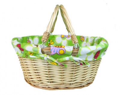 Natural Wicker Shopping Basket with Folding Handles and Green Butterfly & Bees Lining- 41cm